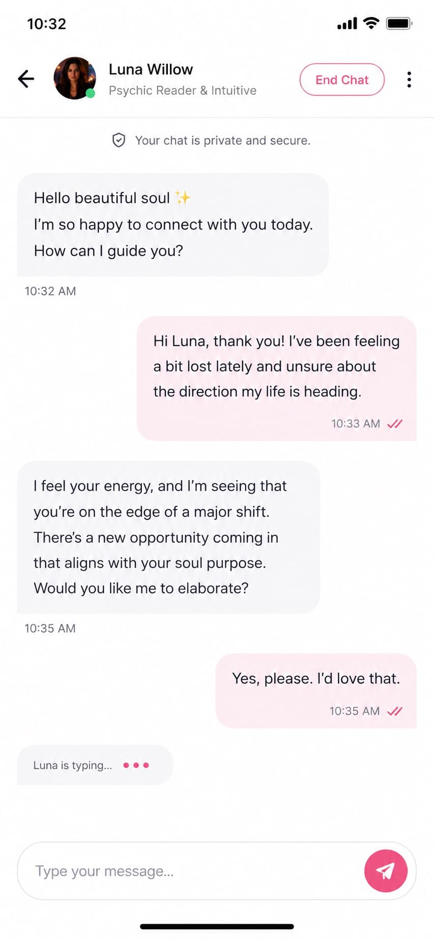 Smartphone screen showing a live chat reading in progress with a psychic reader named Luna Willow.