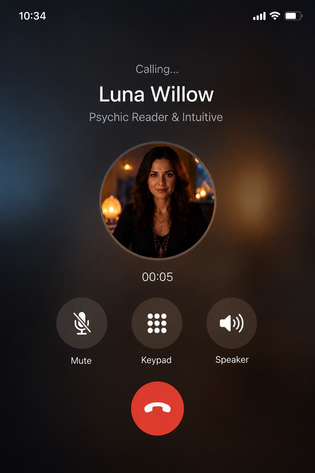 Smartphone screen displaying an active phone call in progress to a psychic reader named Luna Willow.